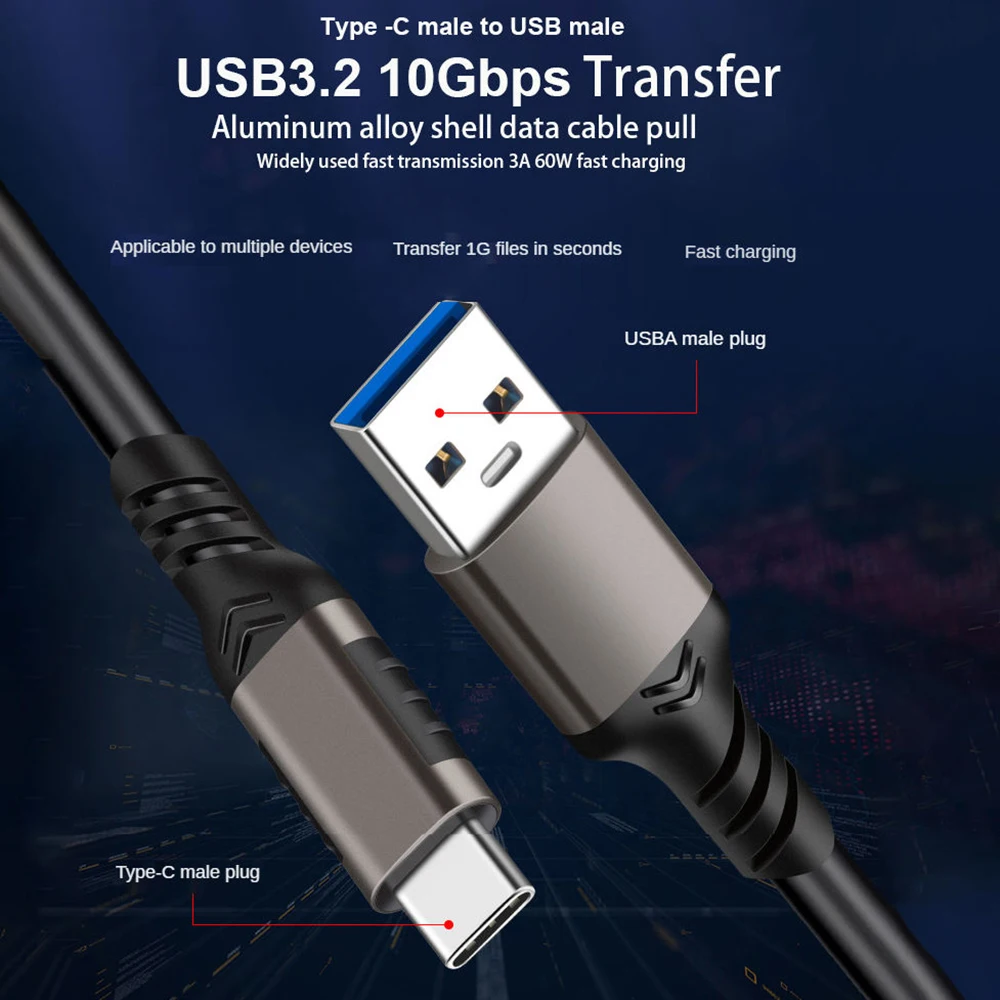 Hannord USB3.2 10Gbps 케이블 USB 타입 C 3.2 데이터 전송 USB C SSD 하드 디스크 케이블 3A 60W 빠른 충전 3.0 충전 케이블