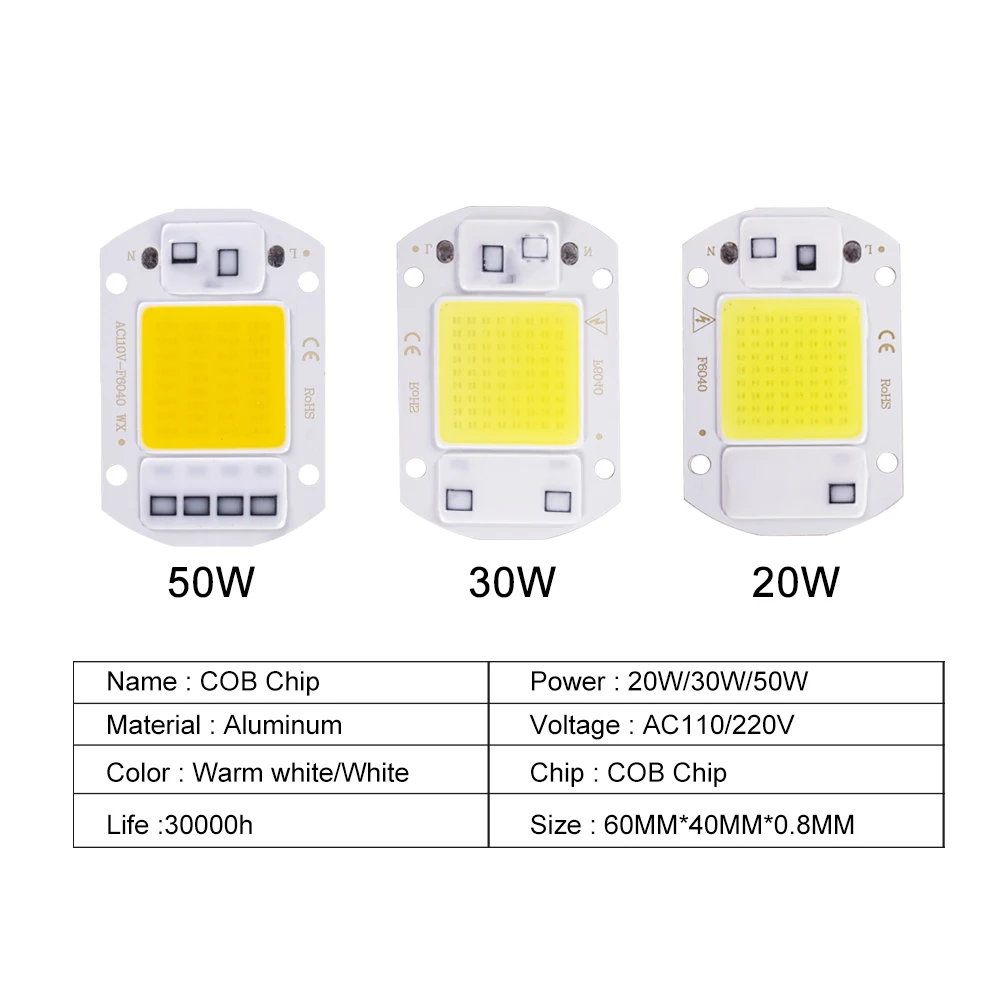 LED 칩 20W 30W 50W AC 220V 스마트 COB 램프 구슬 LED 램프 드라이버 DIY Lampada 야외 칩 투광 조명 스포트 라이트