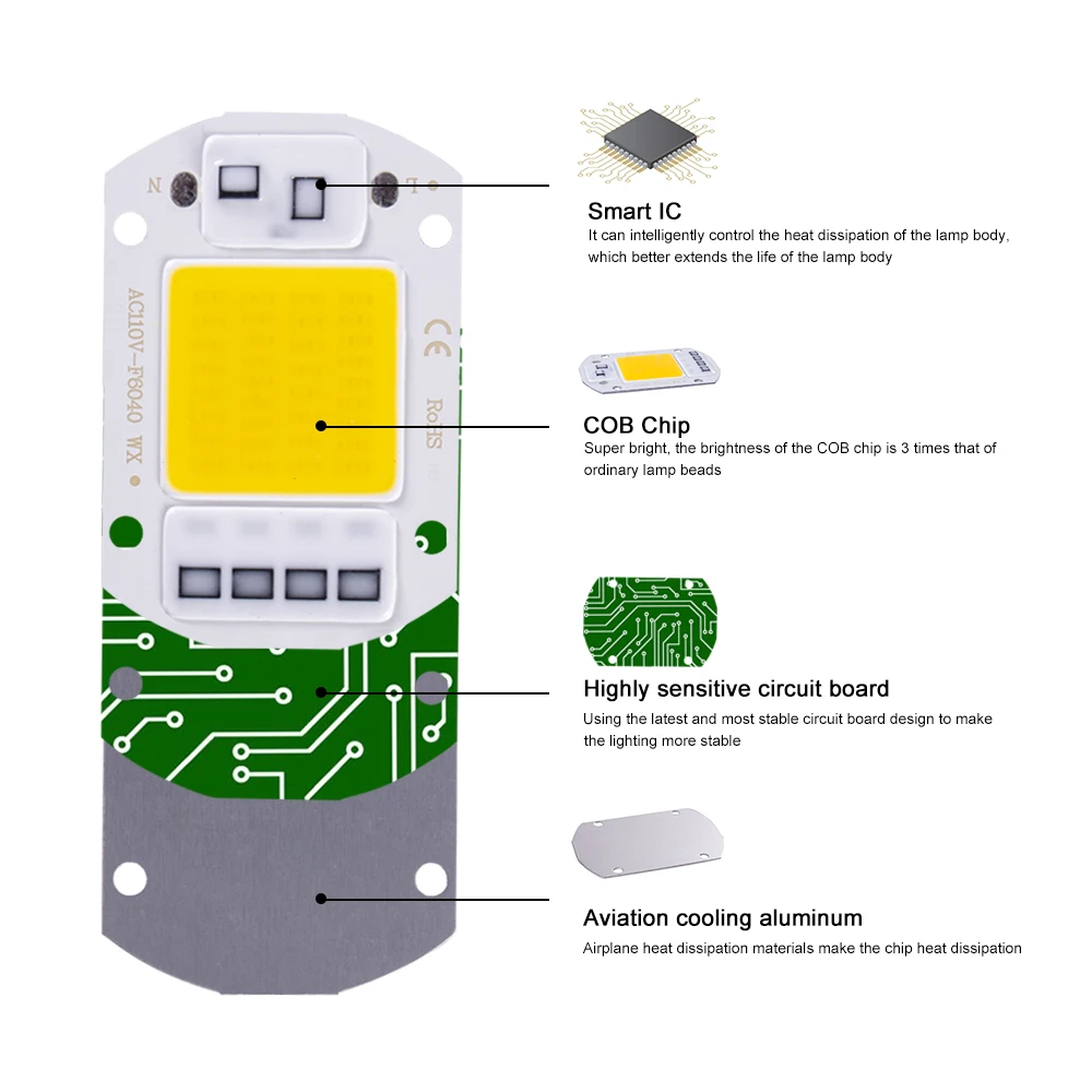 LED 칩 20W 30W 50W AC 220V 스마트 COB 램프 구슬 LED 램프 드라이버 DIY Lampada 야외 칩 투광 조명 스포트 라이트