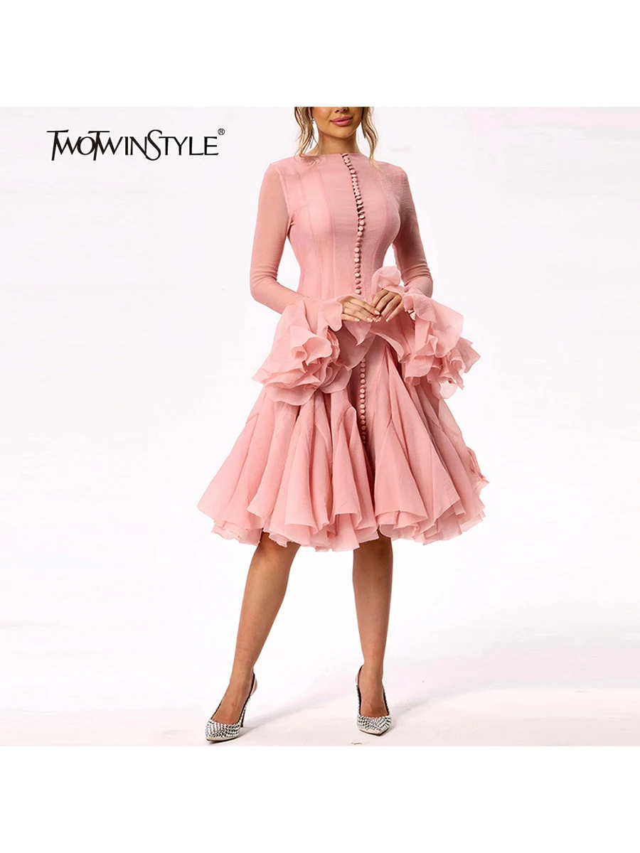 TWOTWINSTYLE 여성용 원피스 불규칙 플리츠 패치워크 패션, 긴 랜턴 소매, 허리 조이는 미니 드레스, 2024 신상 의류 title=TWOTWINSTYLE 여성용 원피스 불규칙 플리츠 패치워크 패션, 긴 랜턴 소매, 허리 조이는 미니 드레스, 2024 신상 의류 