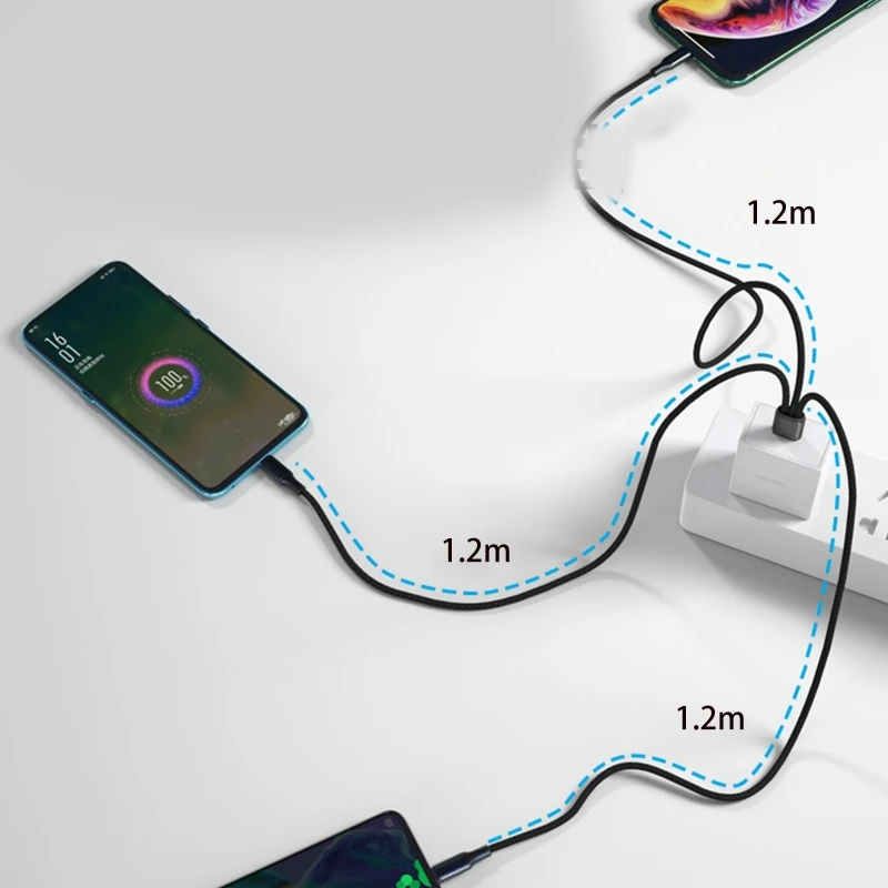 3 in 1 USB 충전 케이블, 3 타입 C 3 마이크로 USB 스플리터 코드, 고속 충전 6A, 휴대폰 보조베터리 면도기, 함께 충전