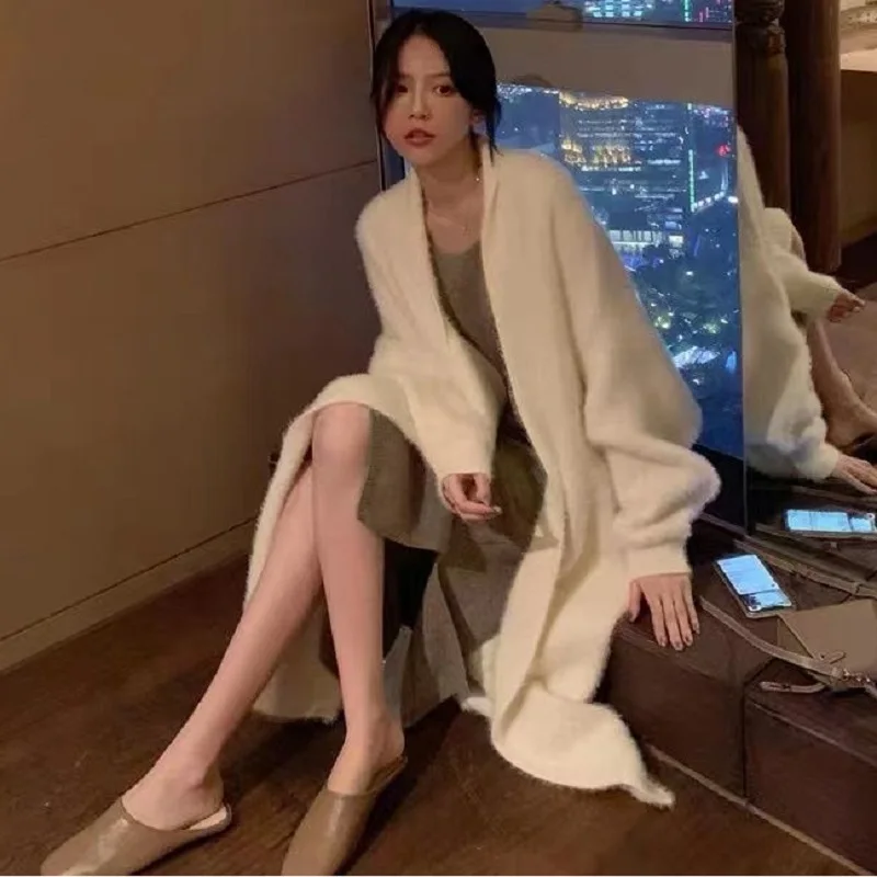 여성용 화이트 롱 카디건, 니트, 푹신한 긴팔 캐시미어 스웨터 코트, 한국 스타일, 따뜻한 빈티지, 겨울 의류, 2024 신상