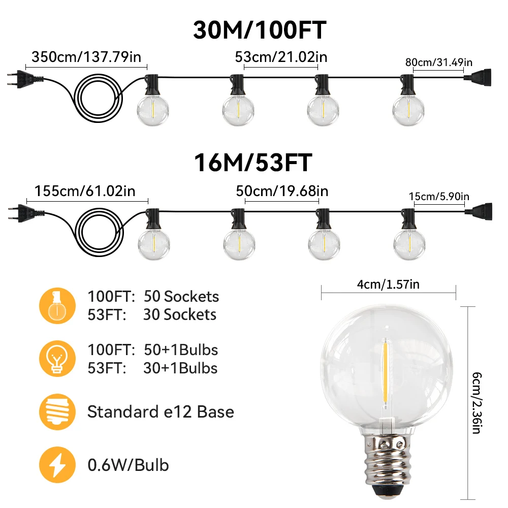 LED 페어리 스트링 글로브 파티 갈랜드 G40 파티오 라이트, 따뜻한 화이트 클리어 빈티지 전구 체인, 야외 뒷마당 장식용, 30m