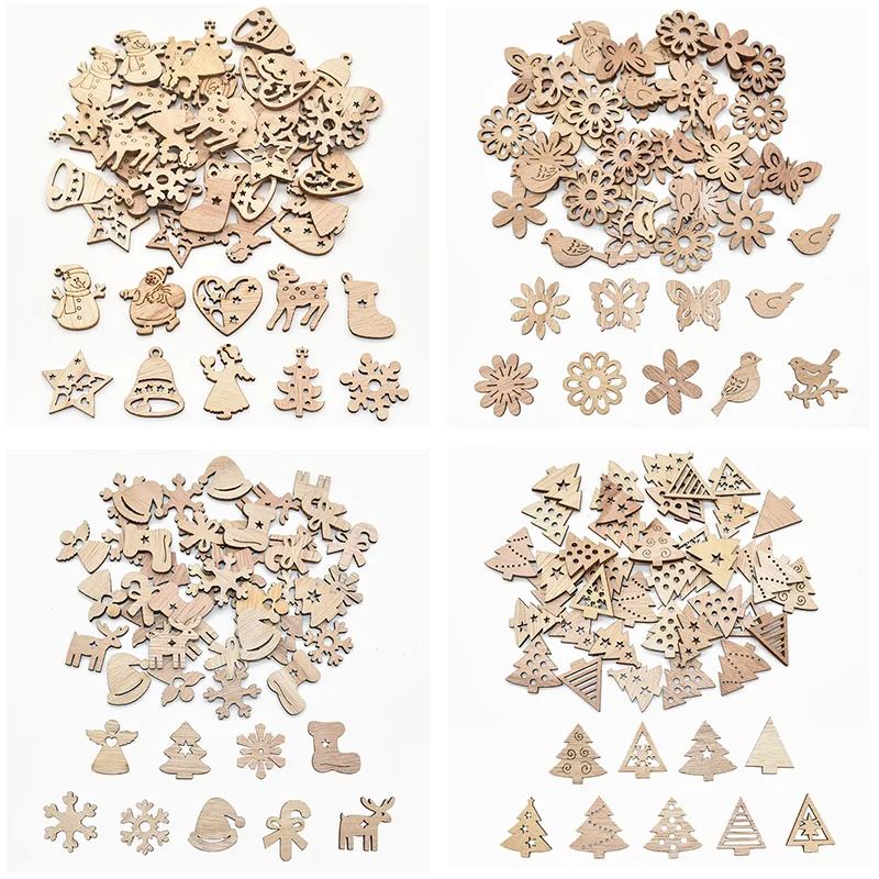 크리스마스 천연 나무 칩 50 개 산타 클로스 눈송이 크리스마스 트리 걸이 장식품 펜던트 나비다드 장식 DIY 공예
