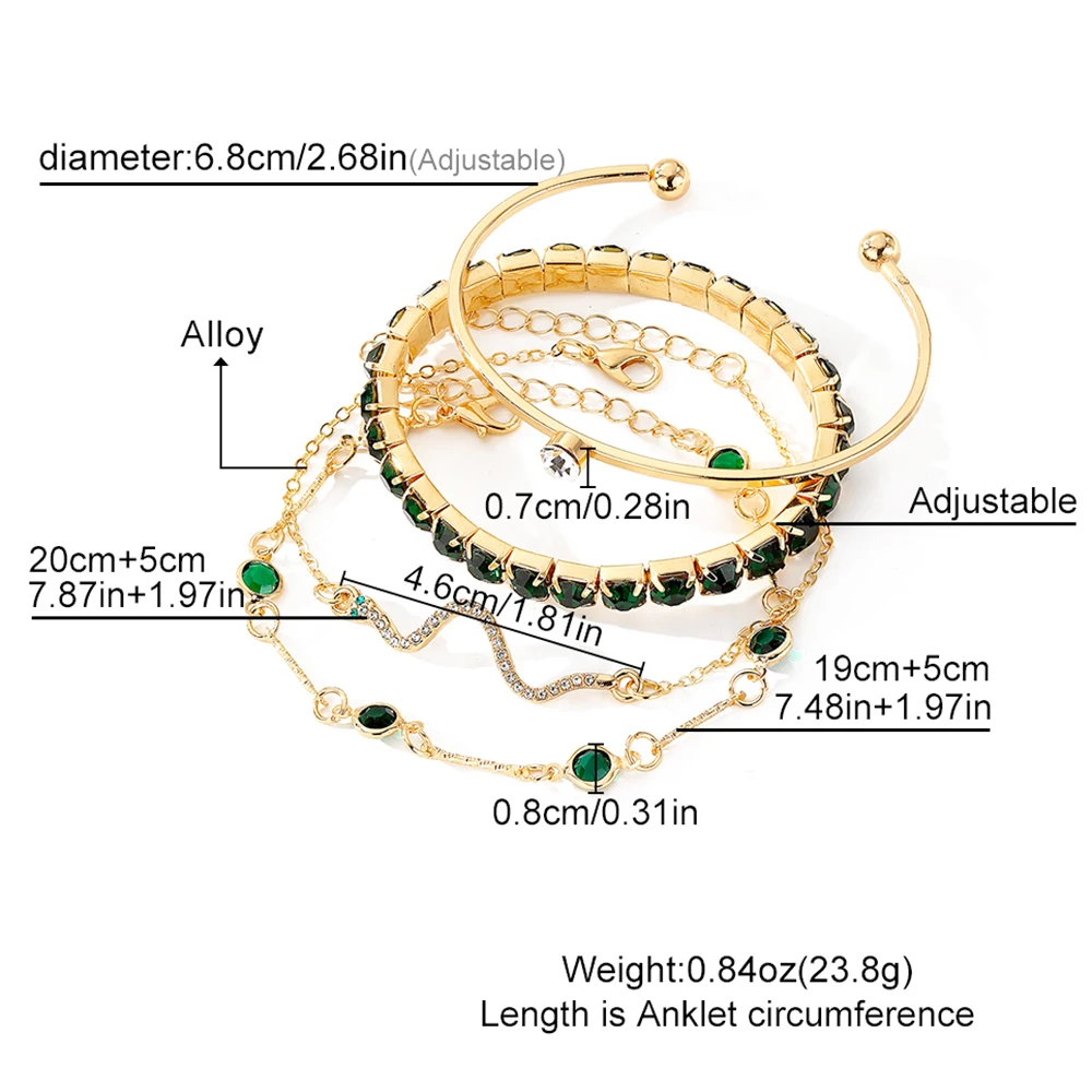 4 개/대 유행 뱀 모조 보석 팔찌 라인 석 전체 금속 팔찌 세트 여성 보석 생일 파티 선물