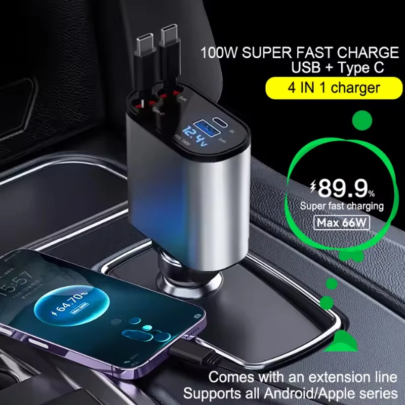 아이폰 샤오미 화웨이 삼성용 개폐식 자동차 충전기, 담배 라이터 어댑터, USB C 타입 고속 충전기 케이블, 4 in 1, 120W