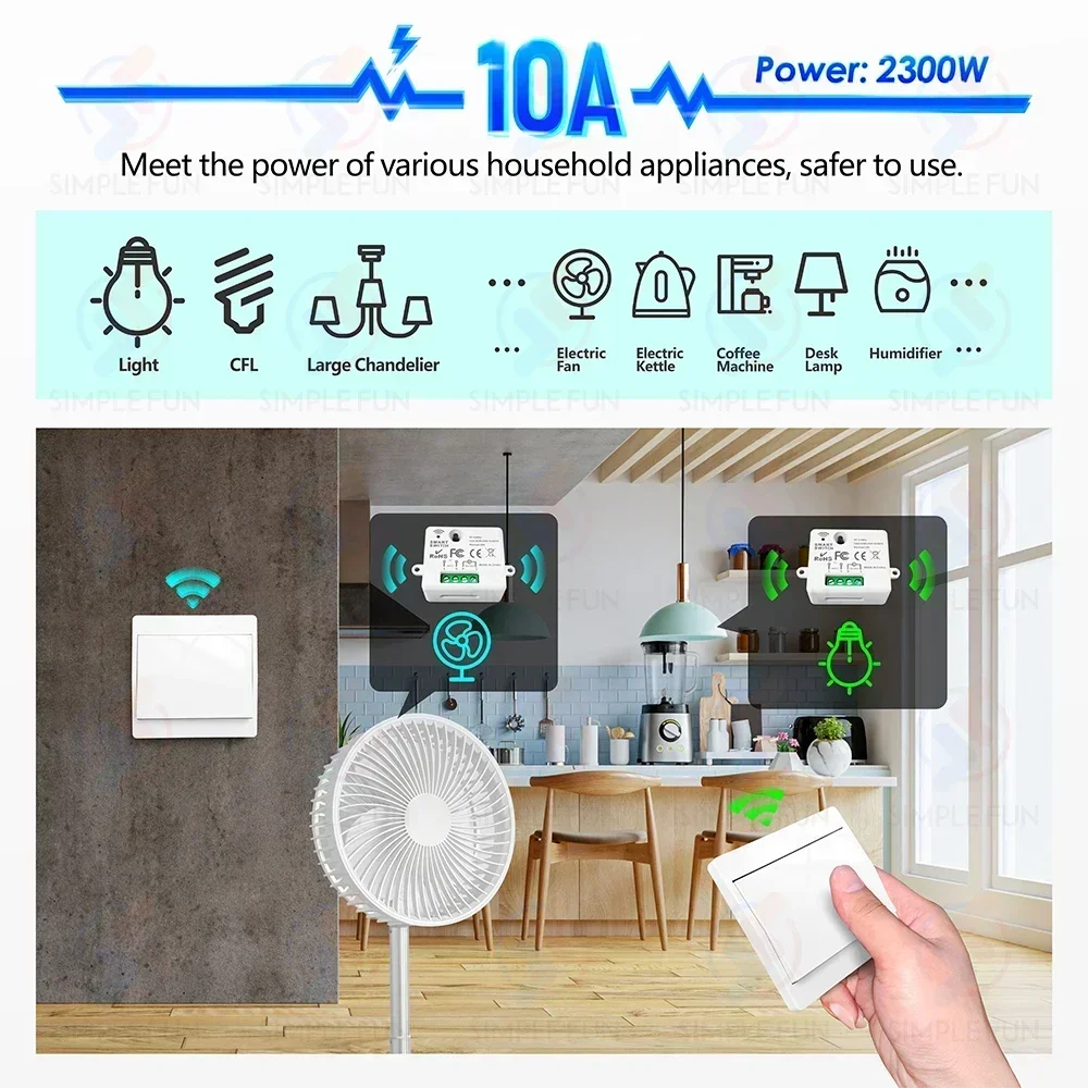 미니 433MHz 스마트 라이트 스위치, 50m 자체 전원 무선 벽 스위치 필요 없음 배터리, 110V 220V 미니 RF 모듈, 가전 제품