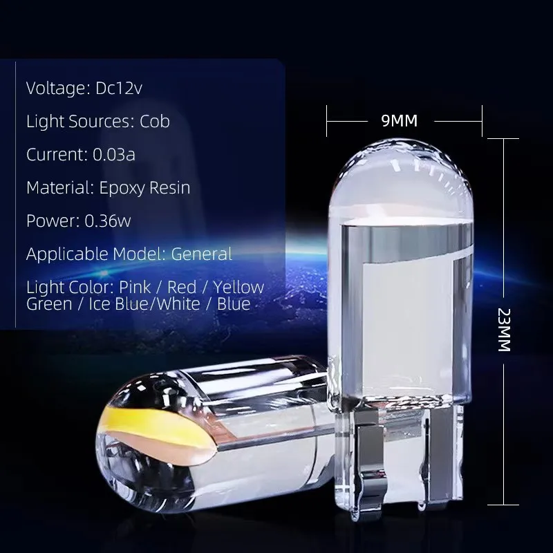 자동차 LED T10 W5W Canbus 유리 COB 6000k 독서 돔 램프 마커 웨지 번호판 전구 168 194 192 DC 12V 흰색 파란색 빨간색