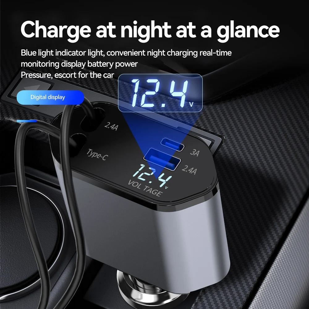 새로운 도착 100w 4 IN 1 개폐식 차량용 충전기 아이폰 용 USB 유형 C 케이블 삼성 고속 충전 코드 담배 라이터 어댑터
