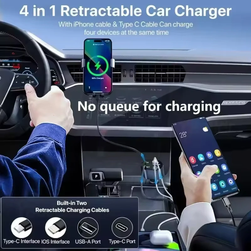 아이폰 샤오미 화웨이 삼성용 개폐식 자동차 충전기, 담배 라이터 어댑터, USB C 타입 고속 충전기 케이블, 4 in 1, 120W