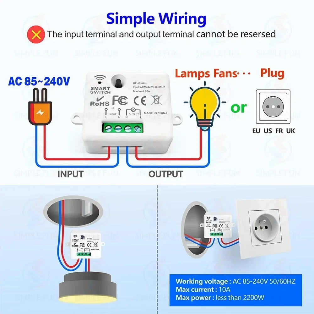 미니 433MHz 스마트 라이트 스위치, 50m 자체 전원 무선 벽 스위치 필요 없음 배터리, 110V 220V 미니 RF 모듈, 가전 제품