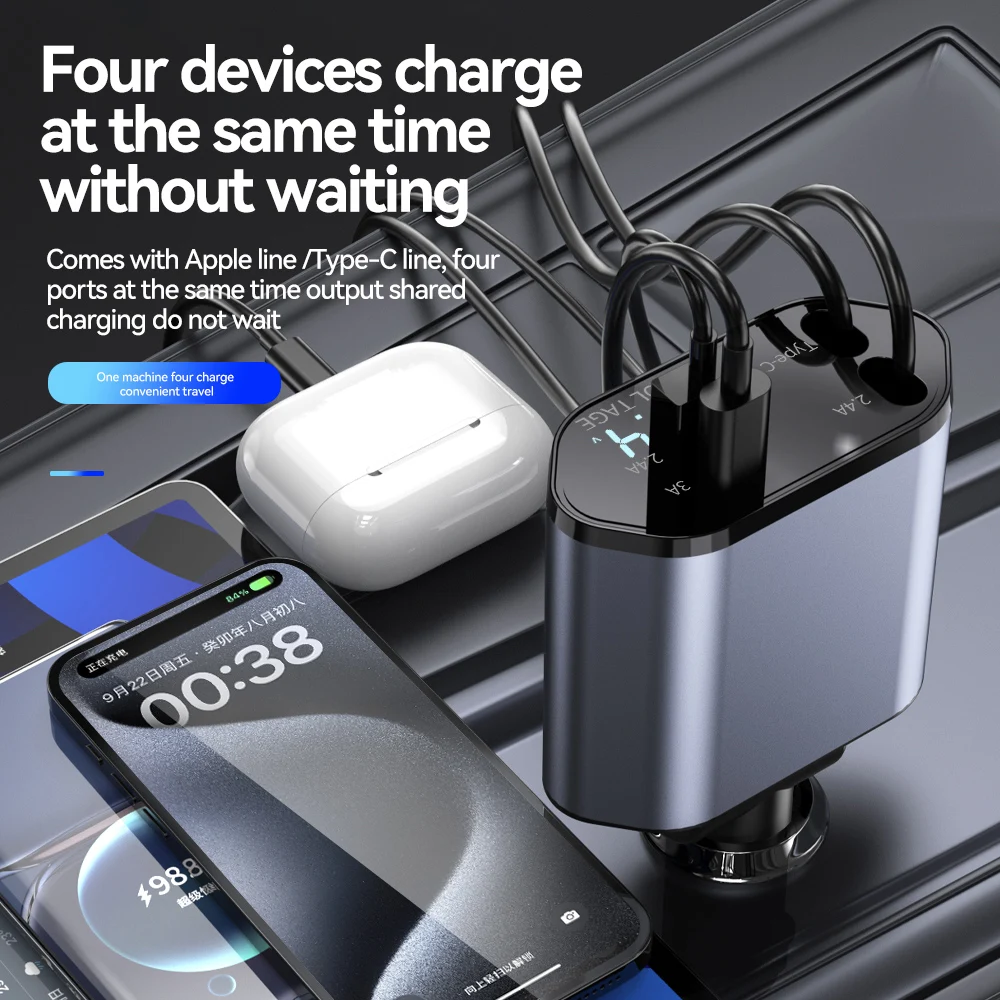 새로운 도착 100w 4 IN 1 개폐식 차량용 충전기 아이폰 용 USB 유형 C 케이블 삼성 고속 충전 코드 담배 라이터 어댑터