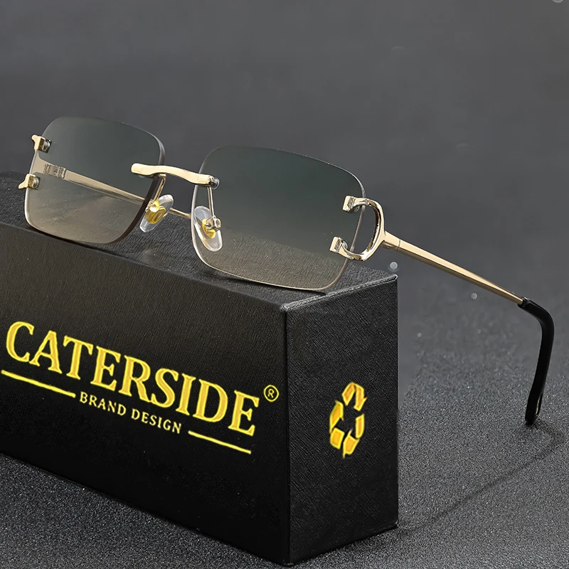 CATERSIDE 직사각형 선글라스 남자 무테 흰색 구리 작은 사각형 태양 안경 여성용 그라디언트 렌즈 야외 안경 UV400
