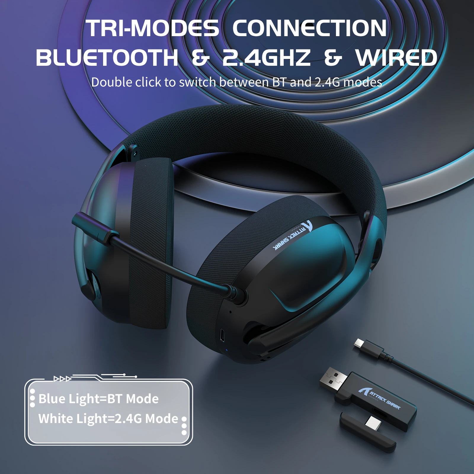 Attack Shark L80 트라이 모드 게임용 헤드셋, 경량 180g, 5.1 채널 Hi-Fi 스테레오 서라운드 사운드, 플러그형 마이크
