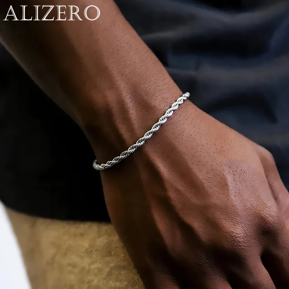 ALIZERO 925 스털링 실버 남여 4mm 로프 체인 팔찌 남성 여성 트위스트 링크 체인 팔찌 간단한 클래식 쥬얼리 title=ALIZERO 925 스털링 실버 남여 4mm 로프 체인 팔찌 남성 여성 트위스트 링크 체인 팔찌 간단한 클래식 쥬얼리 