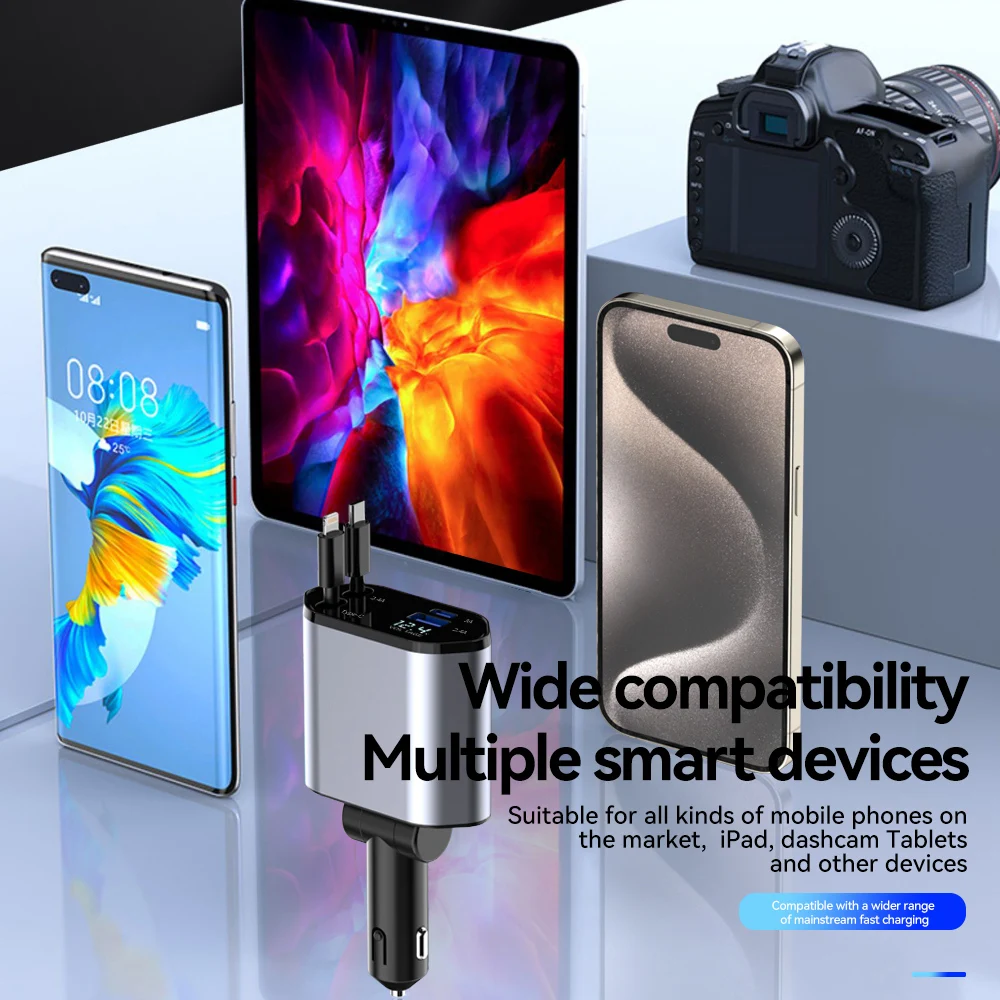 새로운 도착 100w 4 IN 1 개폐식 차량용 충전기 아이폰 용 USB 유형 C 케이블 삼성 고속 충전 코드 담배 라이터 어댑터