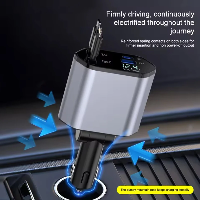 아이폰 샤오미 화웨이 삼성용 개폐식 자동차 충전기, 담배 라이터 어댑터, USB C 타입 고속 충전기 케이블, 4 in 1, 120W