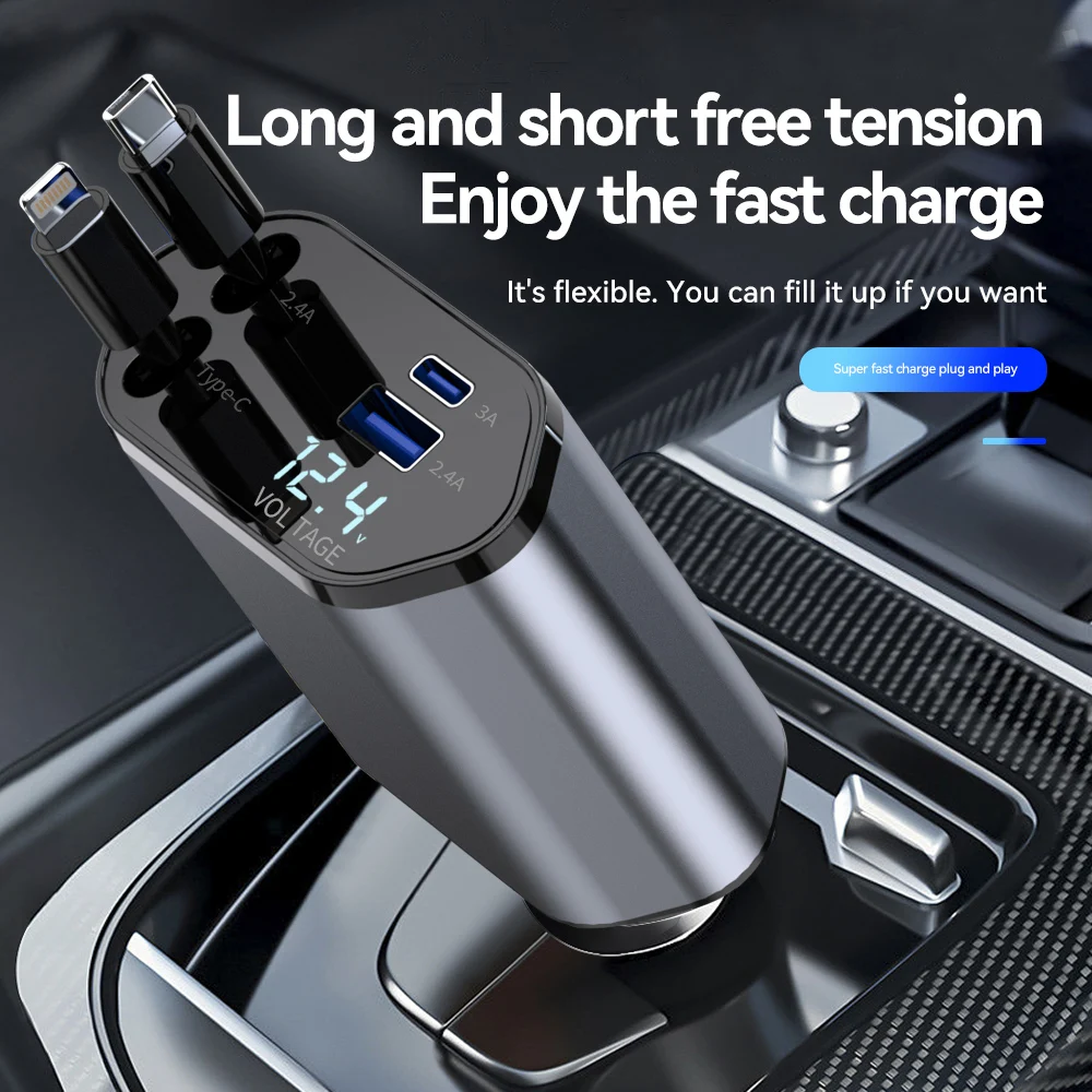 새로운 도착 100w 4 IN 1 개폐식 차량용 충전기 아이폰 용 USB 유형 C 케이블 삼성 고속 충전 코드 담배 라이터 어댑터