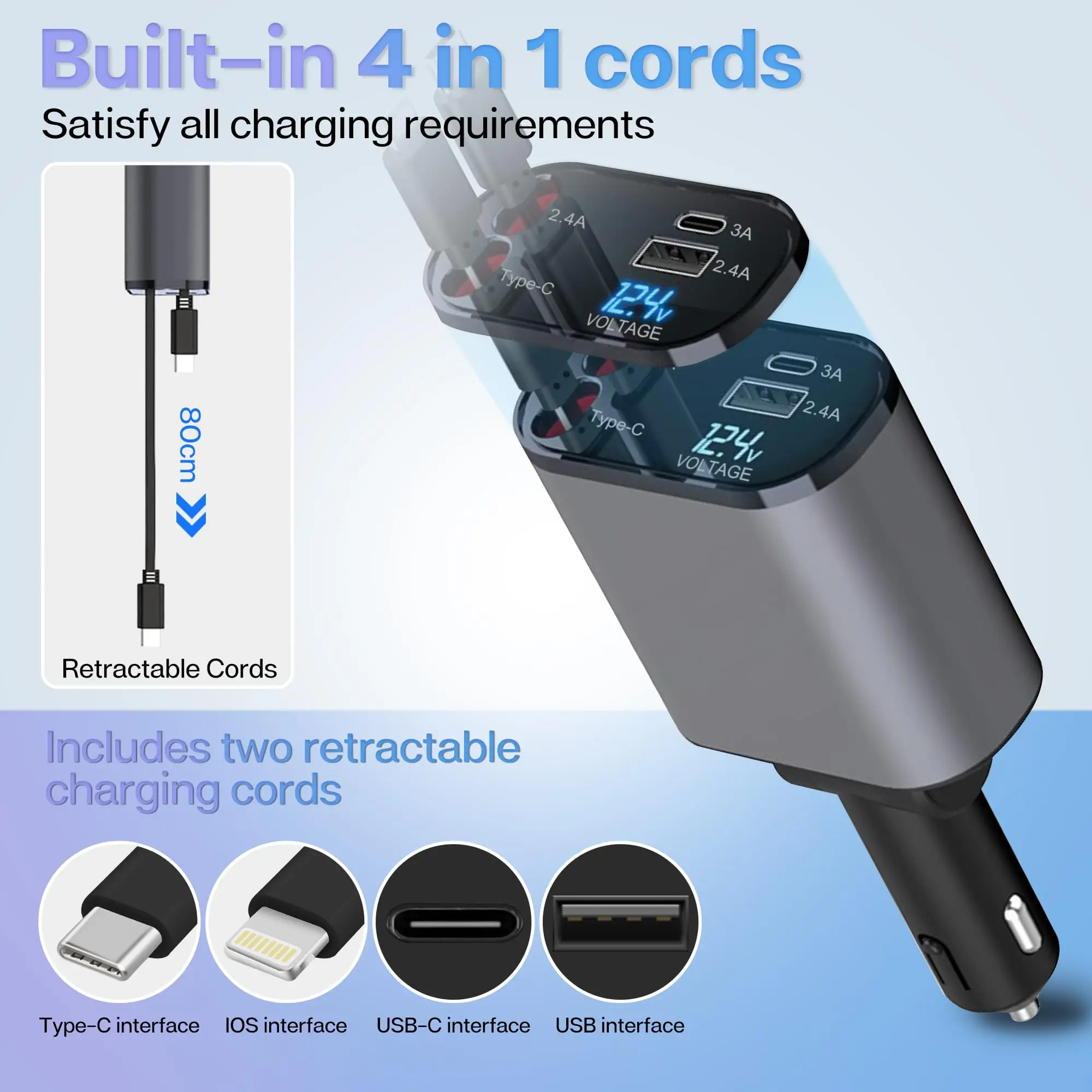 120W/66W 차량용 개폐식 충전기 휴대폰 USB PD C타입 케이블, 아이폰 고속 충전 코드, 담배 라이터 QC 어댑터, 4 인 1, 자동차 소켓 충전기소켓 용품 차량용충전 차량충전 자동차충전기 차량 차량고속충전기 핸드폰 차량용충전기 차량충전기 in 타입 C 아이폰용 빠른 시가잭