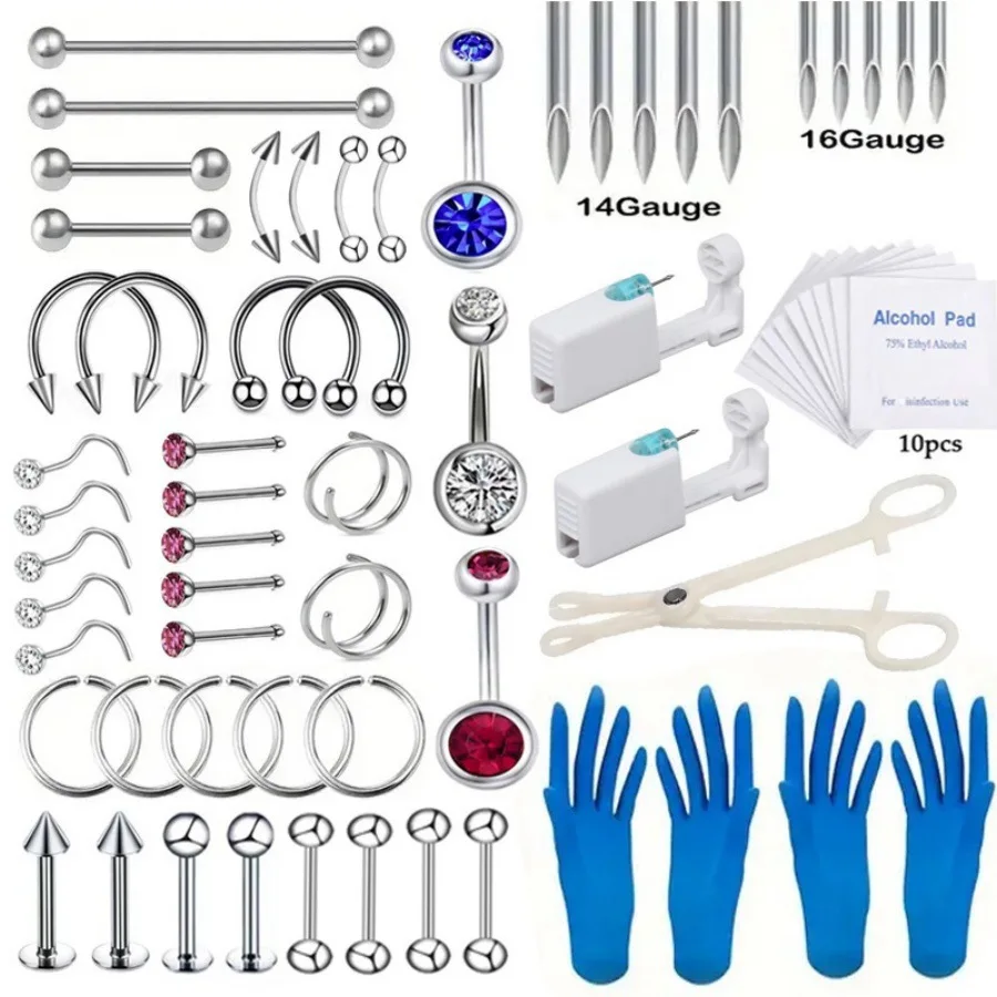 67/70/101/111Pcs 멸균 귀 피어싱 키트, Tragus Helix 연골 통증 없음 피어싱 도구 기계 세트 스터드 쥬얼리