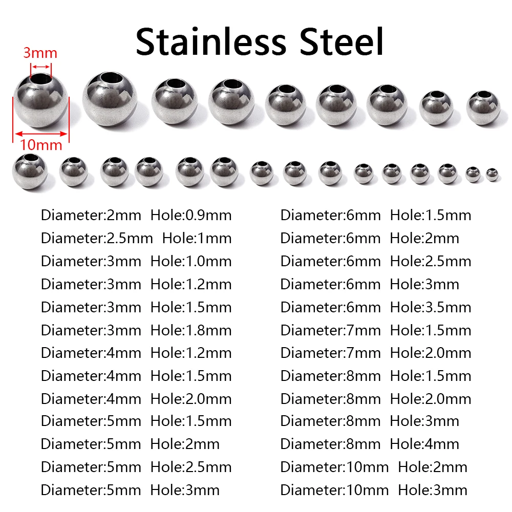 2mm 3mm-10mm 스테인레스 스틸 비즈 쥬얼리 만들기 느슨한 스페이서 비즈 볼 구멍 1.2-5mm 팔찌 쥬얼리 구성 요소 DIY