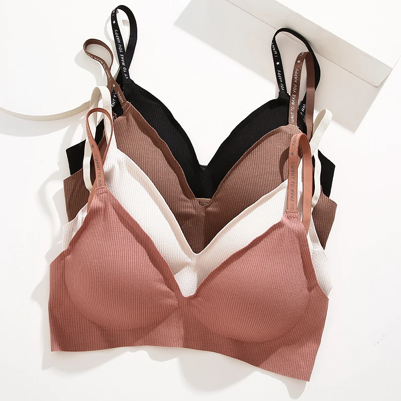 여성 섹시한 원활한 브래지어 딥 브이 넥 Bralette 섹시한 란제리 편지 스트랩 탑 여성을위한 속옷 무선 브래지어를 밀어
