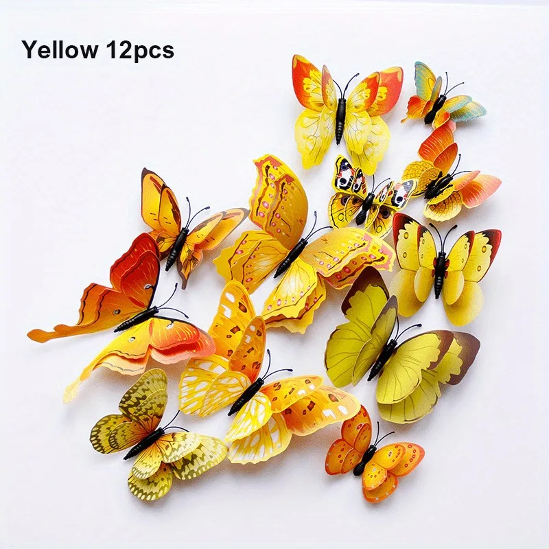 12pcs 3D 더블 레이어 나비 벽 스티커 거실 장식 웨딩 키즈 룸 장식 DIY 벽 아트 자석 스티커