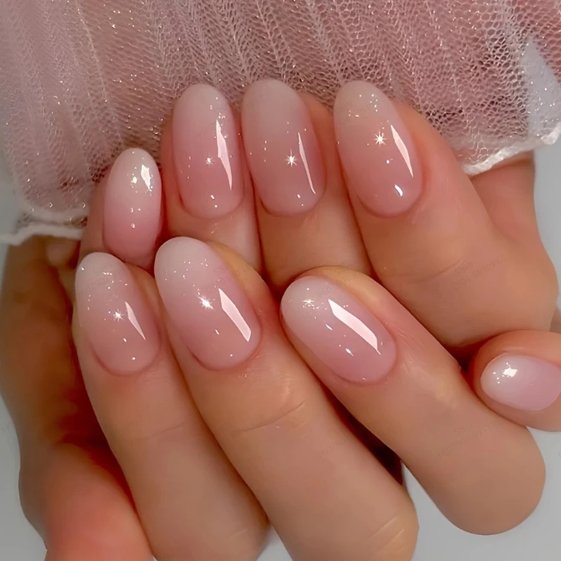 24Pcs 손톱에 타원형 짧은 핑크 프레스 달콤한 Sassy Cool Women & Girl 이동식 웨어러블 네일 아트를위한 간단한 Ombre 봄 거짓 손톱