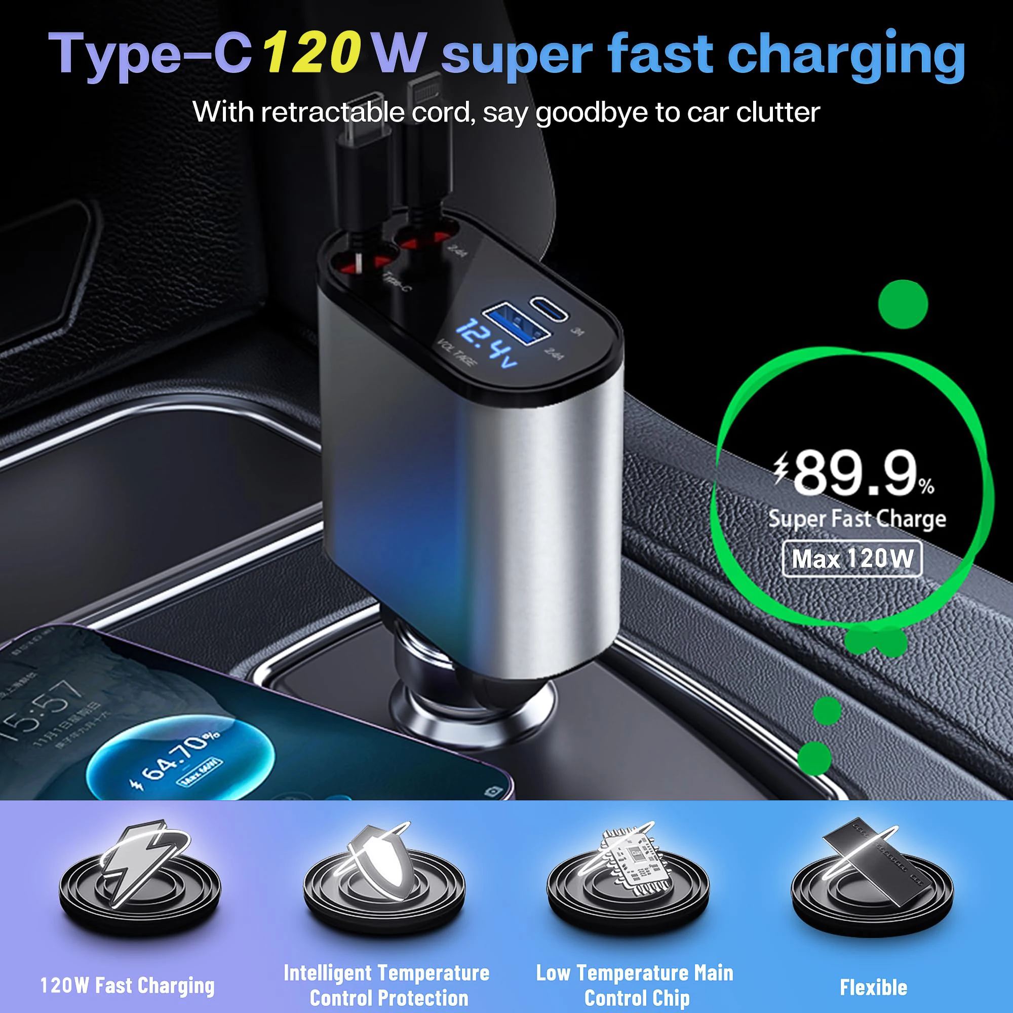 120W/66W 차량용 개폐식 충전기 휴대폰 USB PD C타입 케이블, 아이폰 고속 충전 코드, 담배 라이터 QC 어댑터, 4 인 1, 자동차 소켓 충전기소켓 용품 차량용충전 차량충전 자동차충전기 차량 차량고속충전기 핸드폰 차량용충전기 차량충전기 in 타입 C 아이폰용 빠른 시가잭