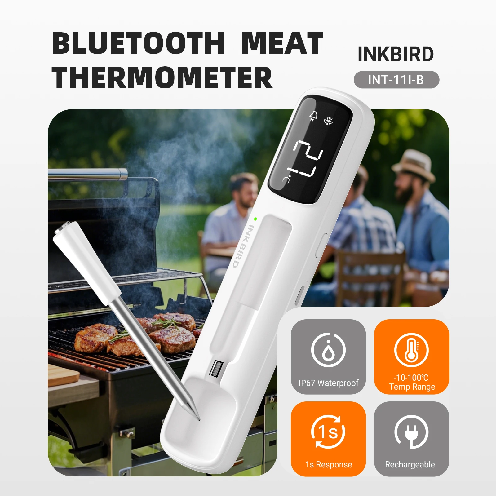 INKBIRD INT-11I-B 미니 무선 고기 온도계, Bluetooth 5.4 1000ft, 1s 응답, IP67, 26개 사전 설정, LED 디스플레이, 바베큐/그릴용