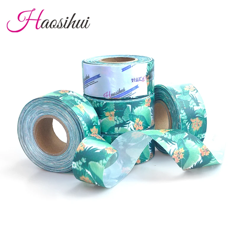 HAOSIHUI 사용자 정의 새틴 리본 맞춤형 로고 인쇄 단일 얼굴 10 ~ 50 ~ 100 야드 폴리 에스터 선물 웨딩 생일 DIY 테이프