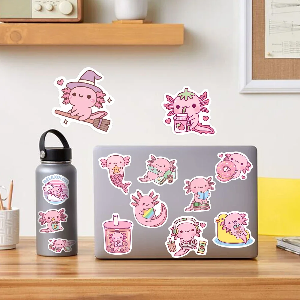 Kawaii 만화 Axolotl 스티커 귀여운 동물 어린이 DIY 장난감 선물 낙서 데칼 전화 수하물 노트북 스크랩북 방수