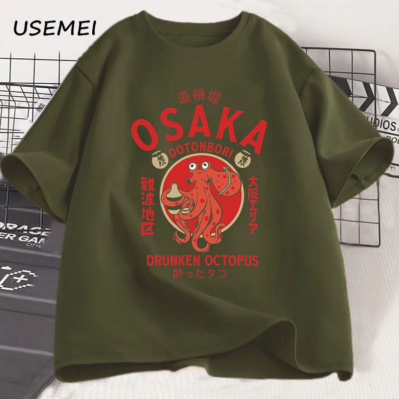 오사카 도톤보리 술취한 문어 그래픽 T 셔츠 일본식 길거리 음식 애호가 Tshirt 코튼 빈티지 반소매 티셔츠