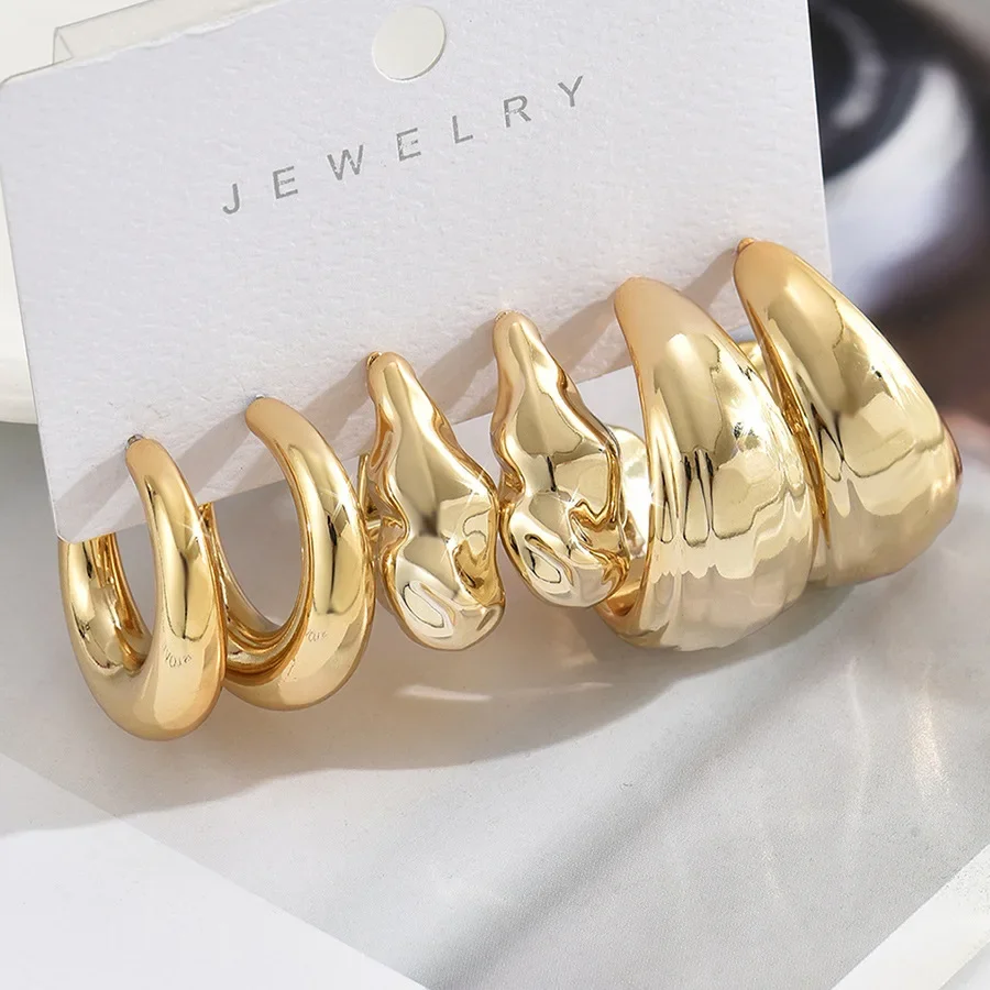 LATS 6Pcs 빈티지 클래식 기하학 광택 Ccb 골드 도금 C 모양 후프 귀걸이 여성을위한 설정 Waterdrop Earing 패션 쥬얼리