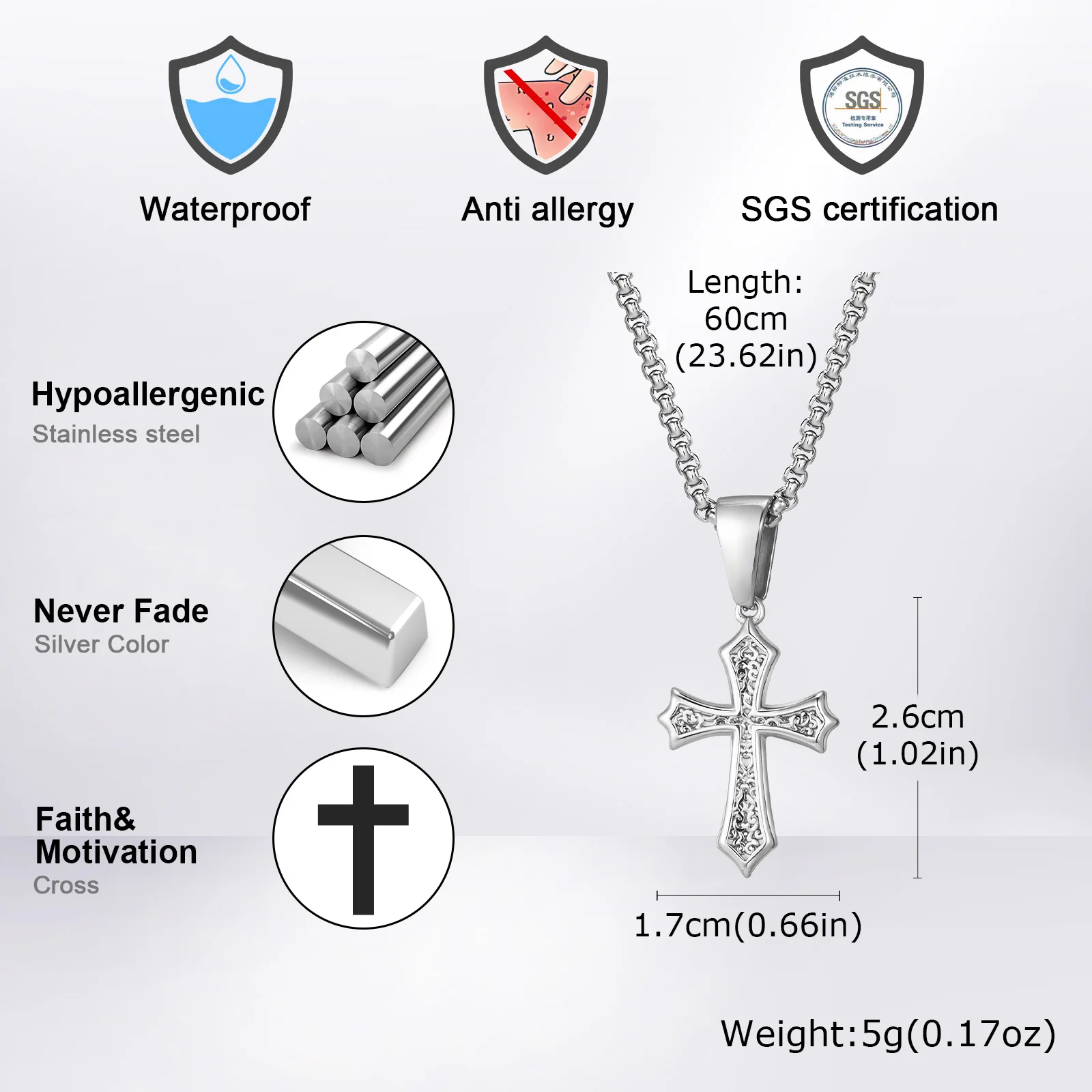 남녀공용 십자가 펜던트 목걸이, 50 cm, 55 cm, 60cm 스테인레스 스틸 칼라, 기독교 클래식 시크 주얼리 선물