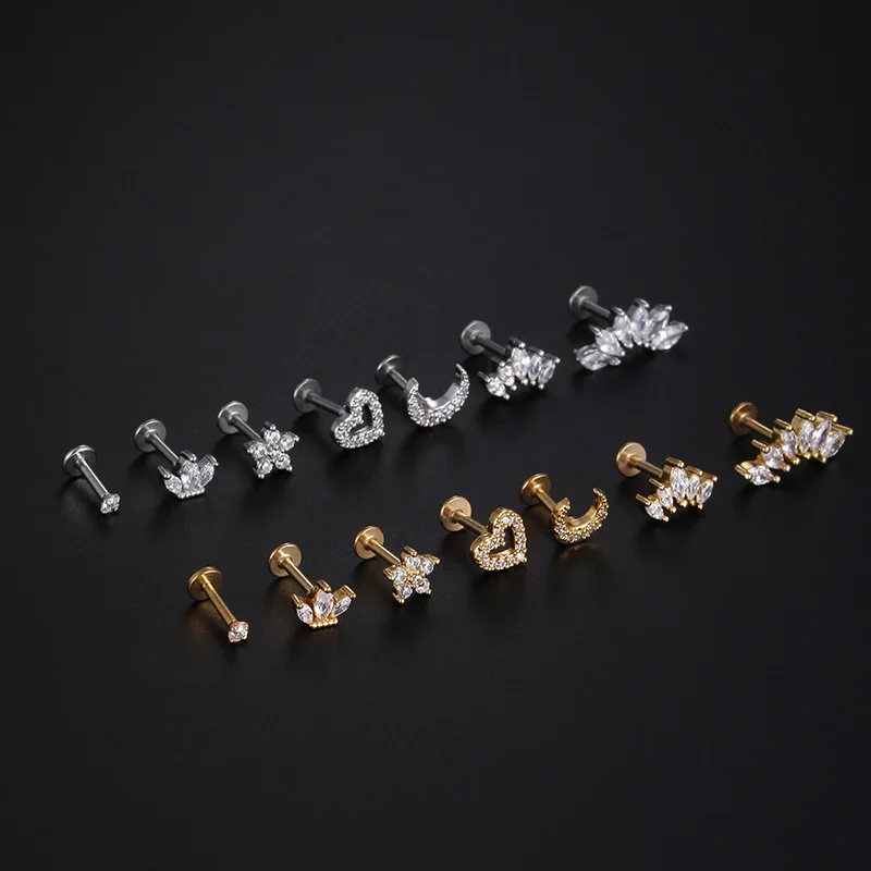 1 조각 1.2mm 하트 플라워 크라운 연골 귀걸이 스테인레스 스틸 지르콘 조가비 루크 Tragus 스터드 Labret 백 피어싱 쥬얼리