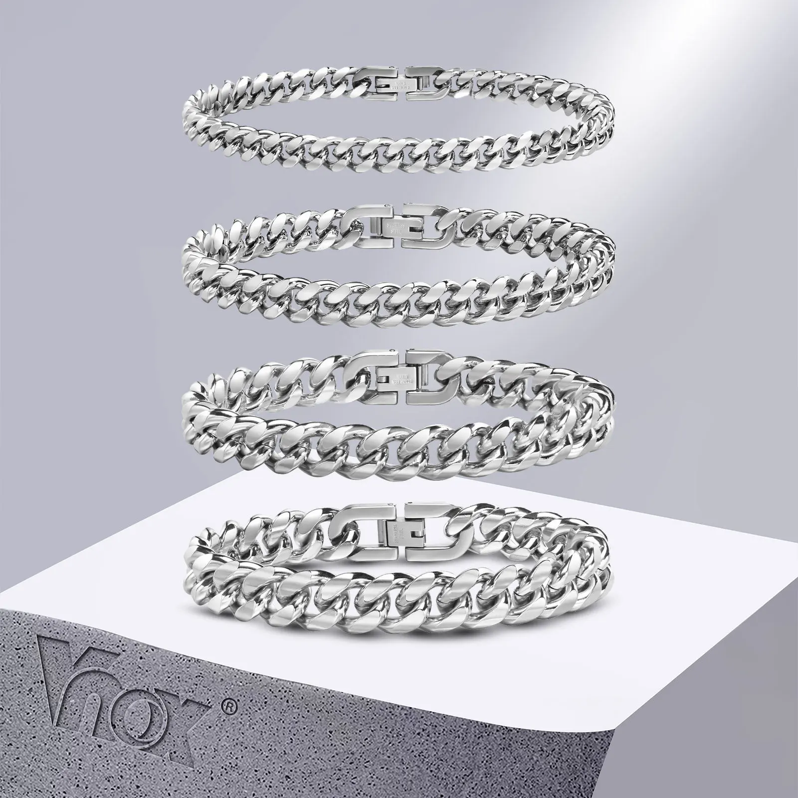 Vnox 남녀공용 쿠바 체인 팔찌, 솔리드 스테인레스 스틸 커브 링크 체인, 팔찌 쥬얼리, 6mm, 8mm, 10mm, 12mm