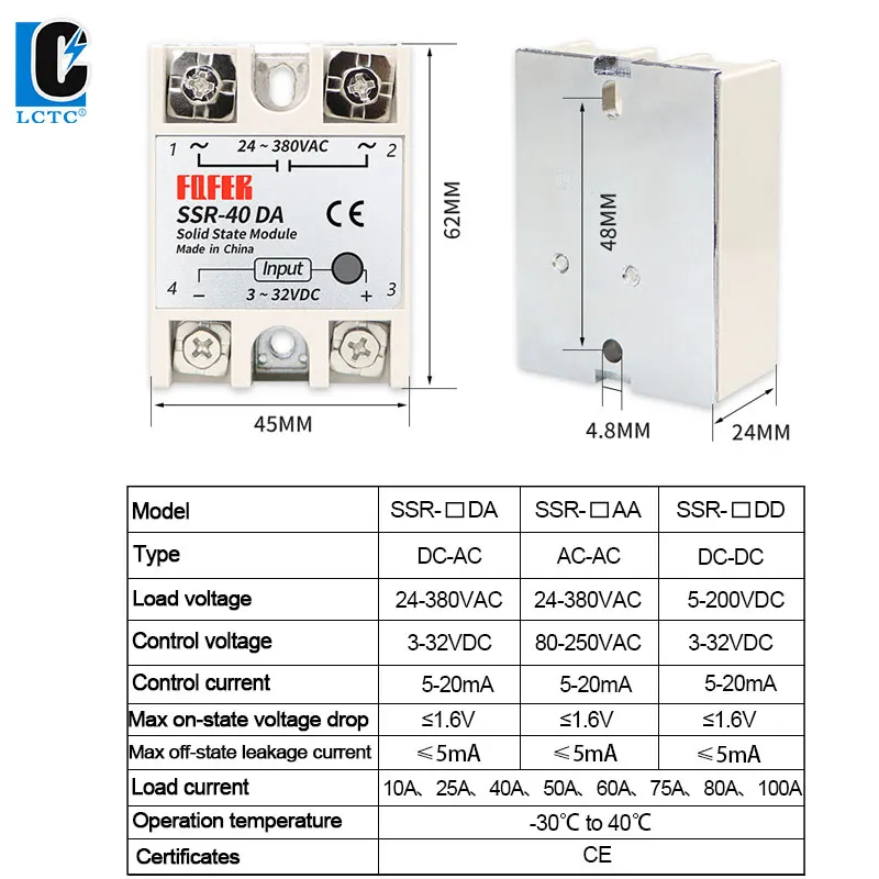 LCTC 1pcs 솔리드 스테이트 릴레이 단상 비접촉 SSR DC-DC AC-AC DC-AC 24-380VAC 10A 25A 40A 50A 60A 80A 100A