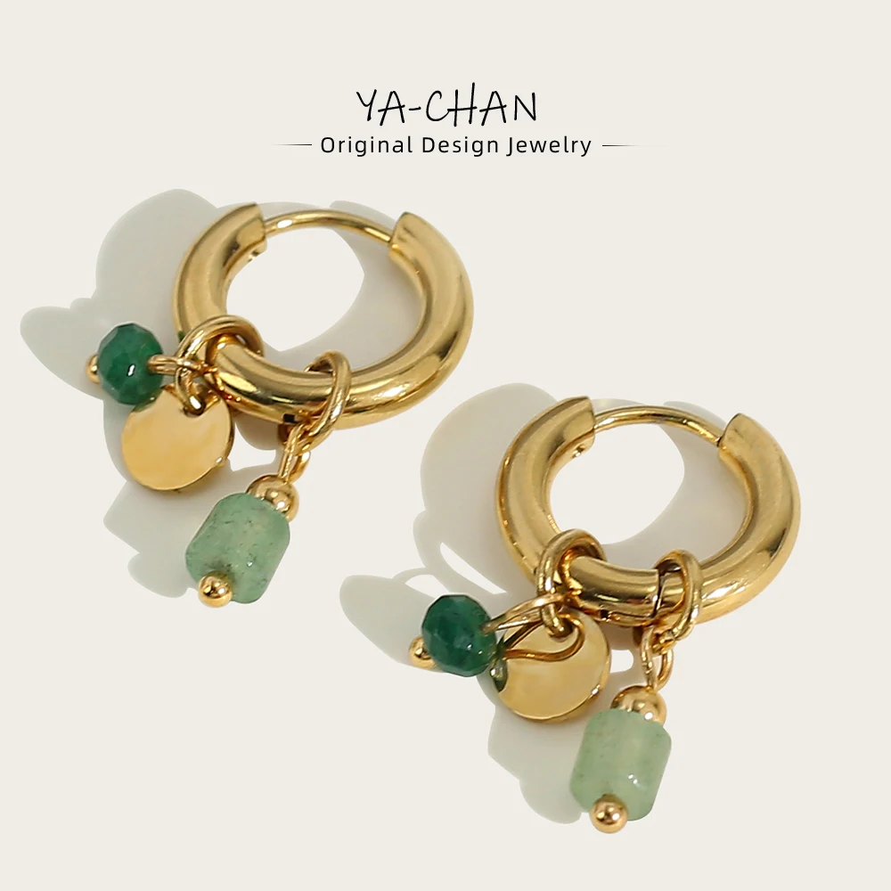 YACHAN 여성을 위한 18K 골드 도금 스테인레스 스틸 후프 귀걸이, 빈티지 그린 자연석 매력 유행 방수 쥬얼리 title=YACHAN 여성을 위한 18K 골드 도금 스테인레스 스틸 후프 귀걸이, 빈티지 그린 자연석 매력 유행 방수 쥬얼리 
