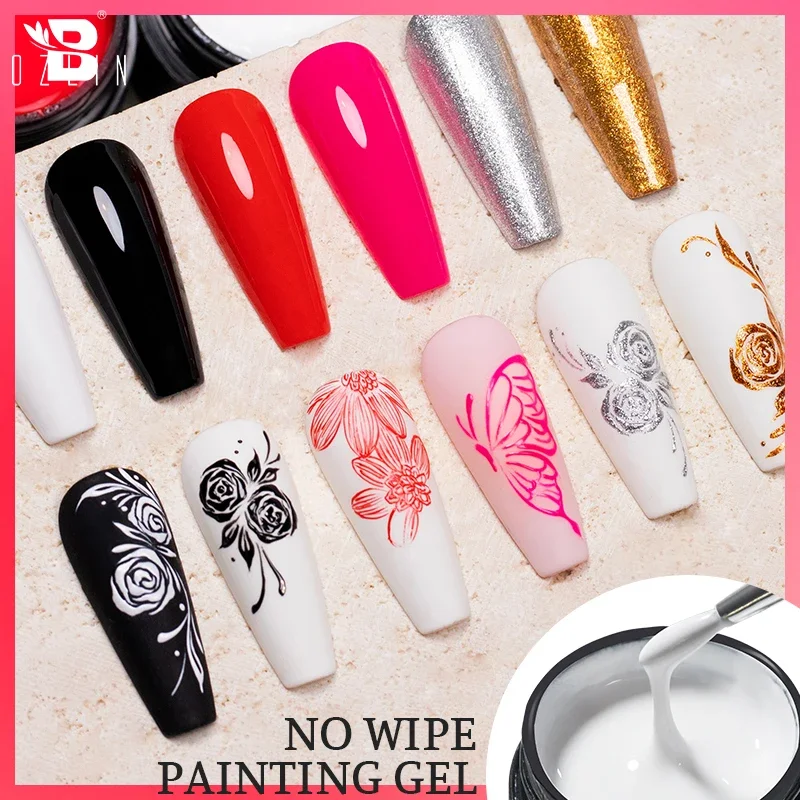 BOZLIN 5ml 4 In 1 닦아내지 않는 페인팅 젤 바니시 블랙 화이트 컬러 페인팅 라이너 네일 아트 글리터 UV 젤 탑 코트 매니큐어 폴란드어