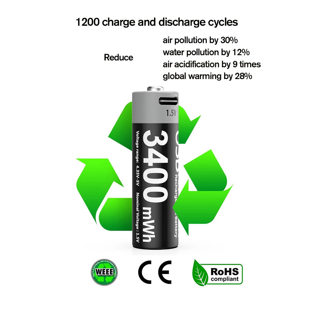 MATOV 리튬이온 AA 및 AAA 충전식 배터리 USB 리튬이온 3400mWh 1.5V AA 충전식 배터리+1100mWh 1.5V AAA 배터리