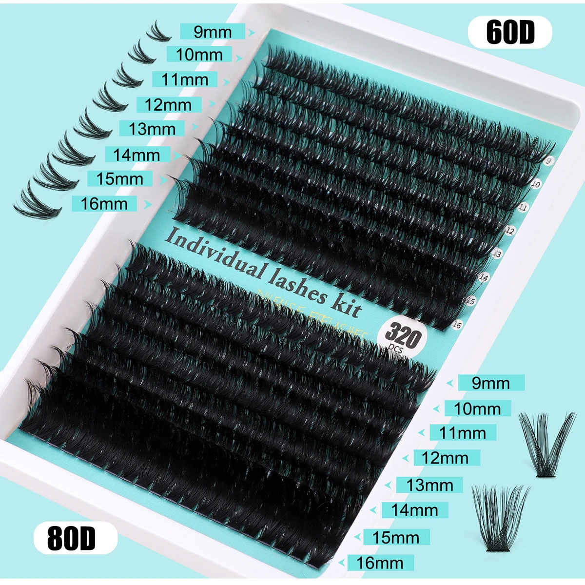 개별 속눈썹 20-100D 280pcs 클러스터 속눈썹 자연 모양 혼합 트레이 DIY 속눈썹 확장 볼륨 속눈썹 클러스터 속눈썹