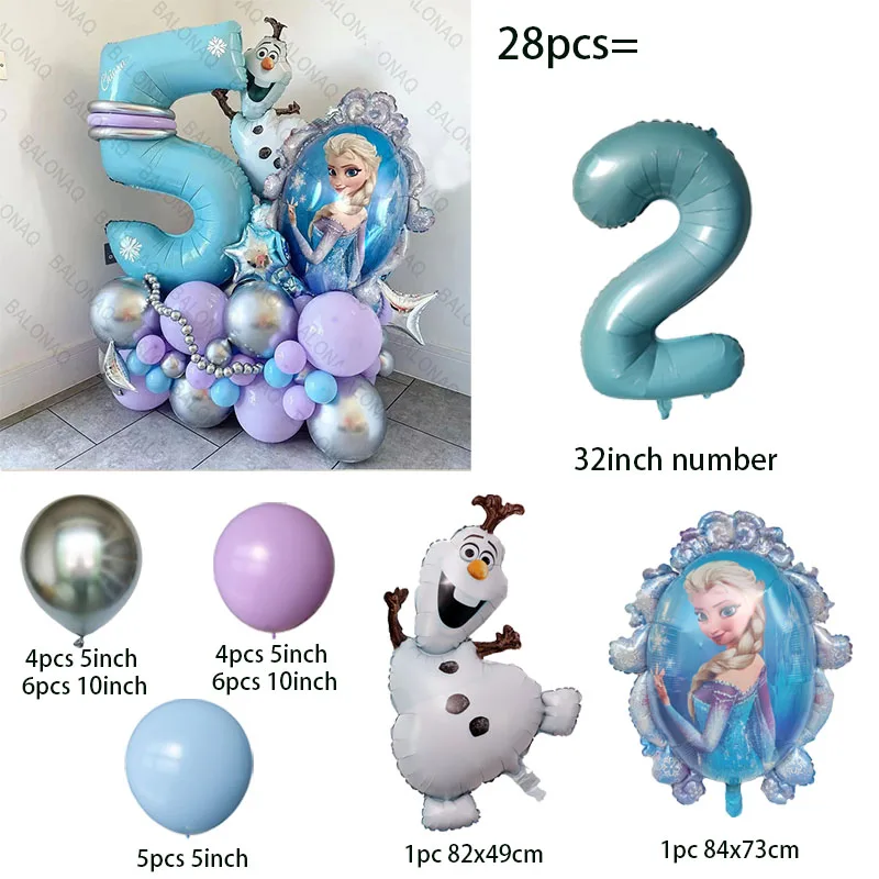 28pcs 냉동 공주 엘사 풍선 호일 글로브 소녀 생일 파티 베이비 샤워 장식 기념일 용품
