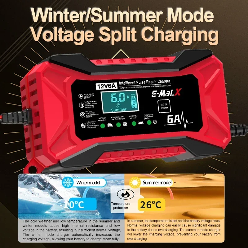 12V 6A 자동차 배터리 충전기 펄스 수리 LiFePO4 14.6V 스마트 빠른 충전 AGM 딥 사이클 젤 납산 충전기 자동 오토바이