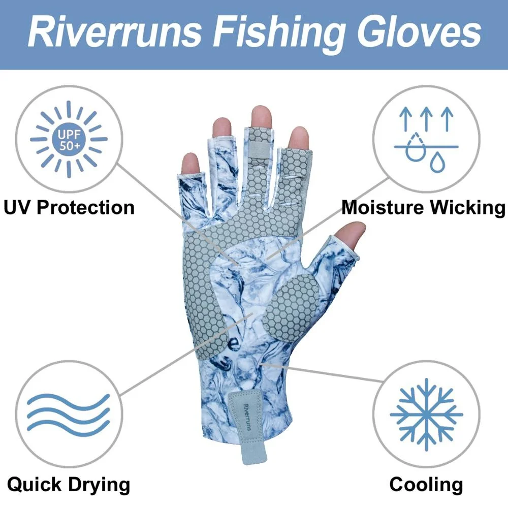 Riverruns 핑거리스 낚시 장갑은 남성과 여성의 낚시, 보트 타기, 카약 타기, 하이킹, 달리기, 사이클링을 위해 설계되었습니다.