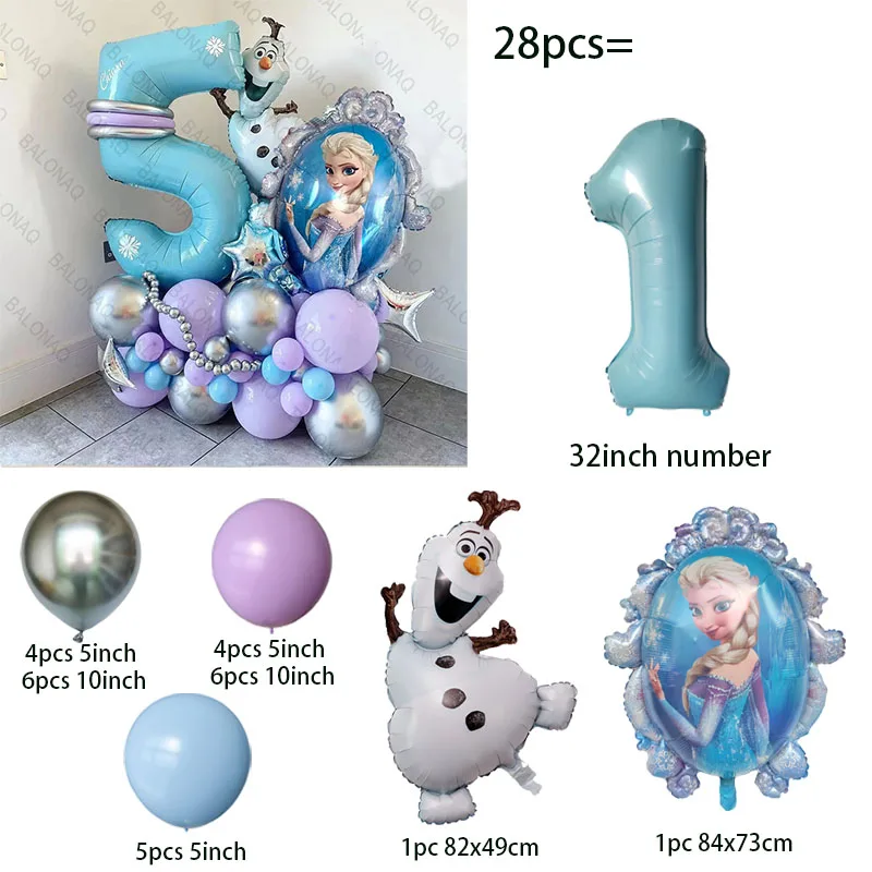 28pcs 냉동 공주 엘사 풍선 호일 글로브 소녀 생일 파티 베이비 샤워 장식 기념일 용품