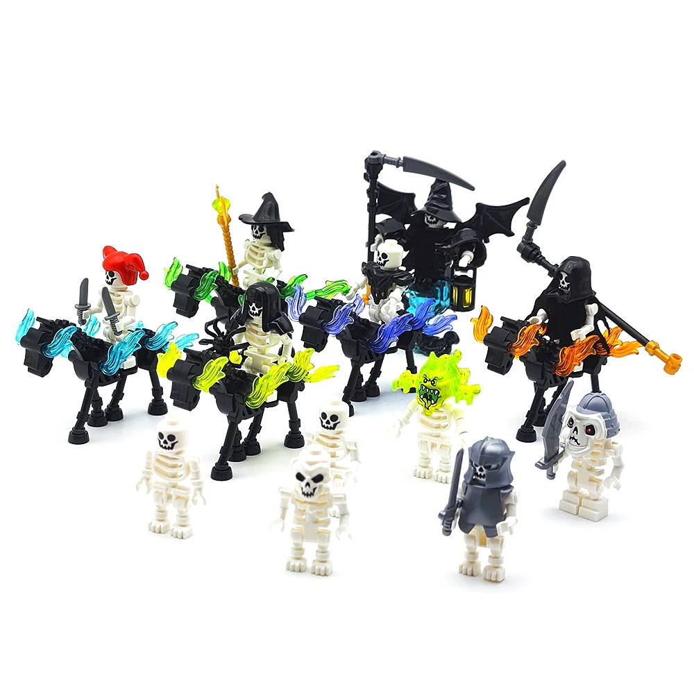 MOC 할로윈 해골 육군 미니 인형 빌딩 블록 DIY 조립 빌딩 블록 캐릭터 인형 해골 말 장식품 장난감