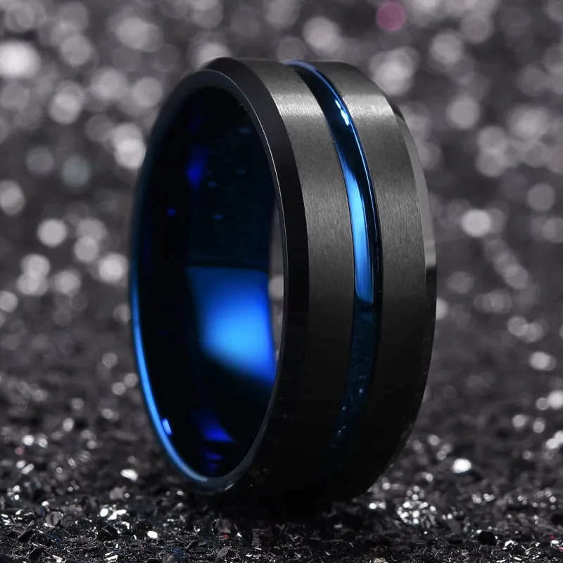 패션 8mm 남자 블랙 텅스텐 웨딩 밴드 반지 블랙 그루브 경 사진 가장자리 약혼 반지 남자 발렌타인 선물 쥬얼리