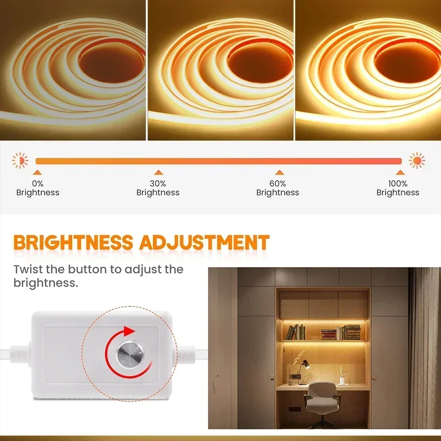 220V COB LED 스트립 빛 높은 밝은 스위치/디밍이 가능한 미국 110v EU 플러그 네온 테이프 주방 캐비닛 조명 방수 정원