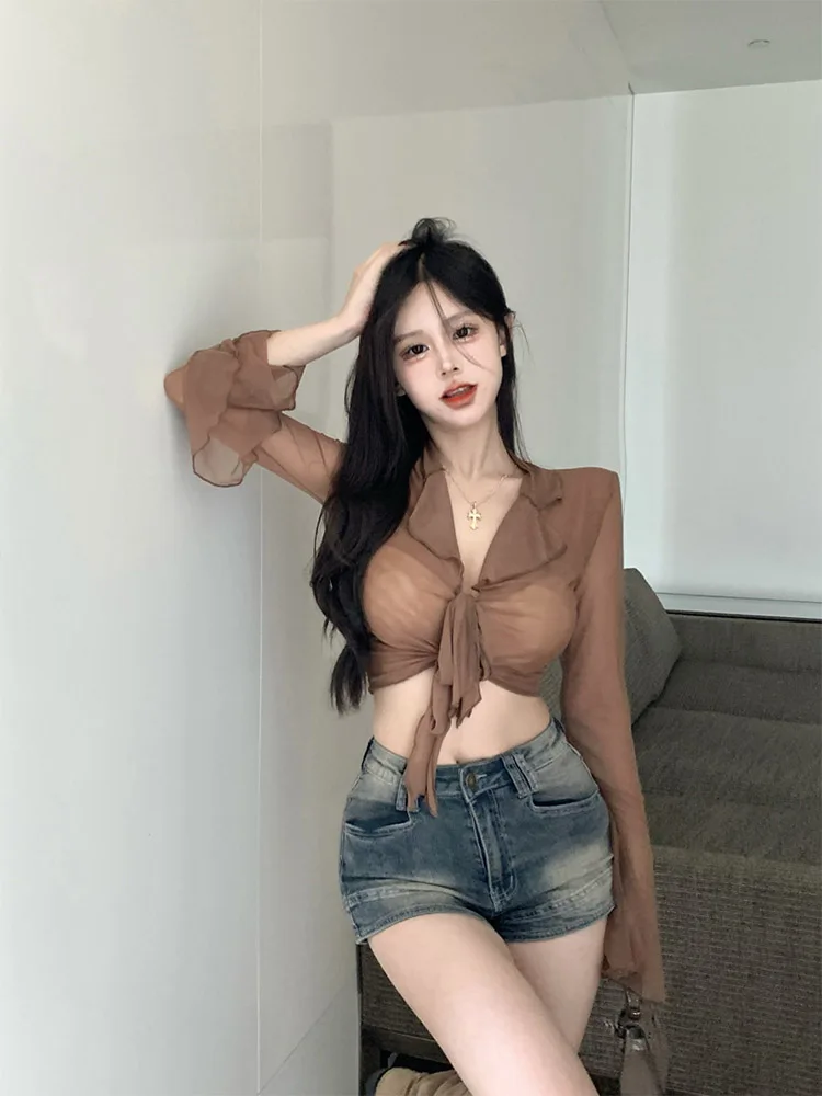 여성용 긴 플레어 소매 블라우스, 레이스업 메쉬, 섹시한 스위트 핫 걸스, 한국 패션 스타일, 올 매치 솔리드 디자인, 우아한 캐주얼 title=여성용 긴 플레어 소매 블라우스, 레이스업 메쉬, 섹시한 스위트 핫 걸스, 한국 패션 스타일, 올 매치 솔리드 디자인, 우아한 캐주얼 